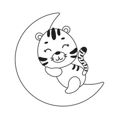 Coloring page cute little tiger sleeping on moon. Coloring book for kids. Educational activity for preschool years kids and toddlers with cute animal. Vector stock illustration