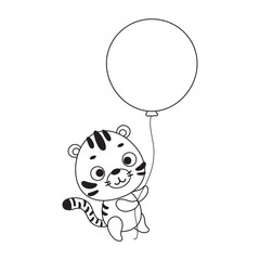 Coloring page cute little tiger flies on balloon. Coloring book for kids. Educational activity for preschool years kids and toddlers with cute animal. Vector stock illustration