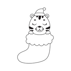 Coloring page cute little tiger in Christmas sock. Coloring book for kids. Educational activity for preschool years kids and toddlers with cute animal. Vector stock illustration