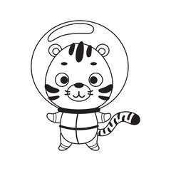 Coloring page cute little spaceman tiger. Coloring book for kids. Educational activity for preschool years kids and toddlers with cute animal. Vector stock illustration