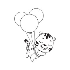 Coloring page cute little tiger flying on balloons. Coloring book for kids. Educational activity for preschool years kids and toddlers with cute animal. Vector stock illustration