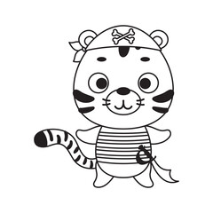 Coloring page cute little pirate tiger. Coloring book for kids. Educational activity for preschool years kids and toddlers with cute animal. Vector stock illustration