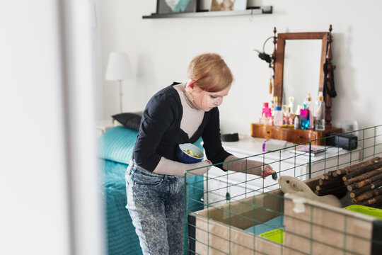Disabled woman feeding guinea pig