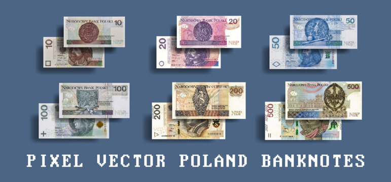 Vector pixel mosaic banknotes of Poland. Bills in denominations of 10, 20, 50, 100, 200 and 500 zlotys. Polish notes.