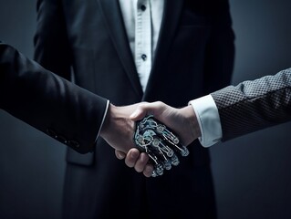 businessman handshake with human AI. Machine learning to enable and work together to achieve greater innovation and success. - Generative AI Digital illustration.