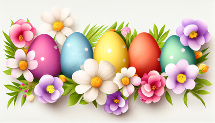 Fototapeta premium Happy Easter banner with a row of colorful Easter eggs and multicolored flowers, generative AI