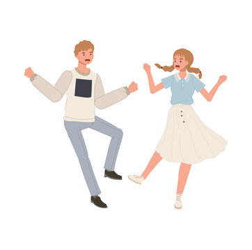 happy dancing people , male and female dancing together. man and woman enjoying dance party. Flat vector cartoon illustration © Thidarat