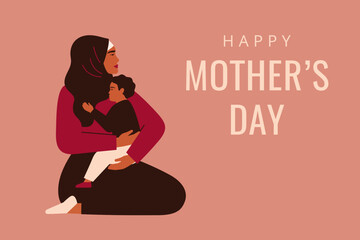 Muslim mother holds on knees her male child and embraces him with love and care. Mother's day greeting card with Arabian woman and her small son. Vector illustration