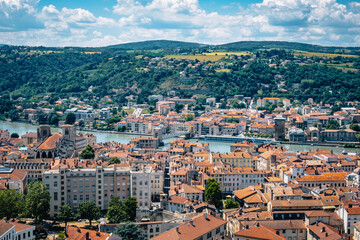 Naklejka na ściany i meble Panorama of the city of Vienne and the Rhone Valley from the hill of Pipet, in the south of France (Isere)