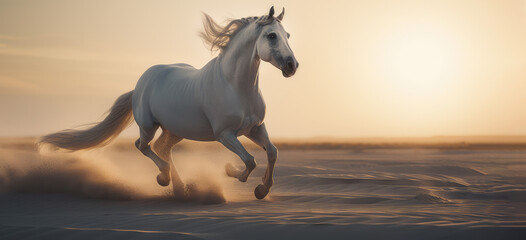 Obraz na płótnie Canvas White horse galloping over the beach at sunset, running stallion landscape, generative ai