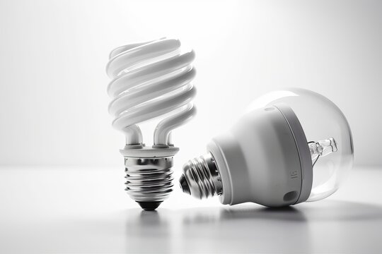 Fluorescent energy-saving light bulbs on a white background, Generative AI.