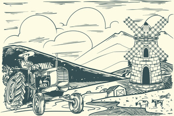Hand drawing rural agriculture landscape with windmill and tractors in vintage scandinavian style.