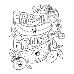 Illustration in black and white of some fresh fruits, a watermelon, a banana, an orange, a lemon, cherries and strawberries and handmade letters, coloring page
