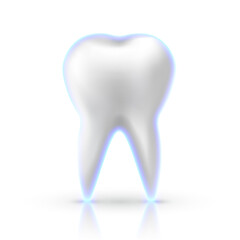 3d mesh white tooth with glowing blue protective layer isolated on white background. Realistic vector human tooth with reflection.