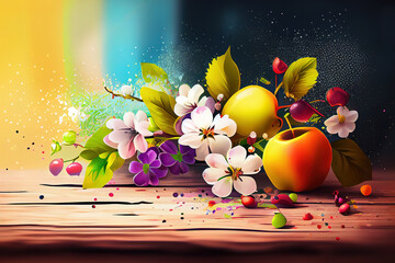 spring background. fruit flowers on wooden table, splash color. Generative Ai