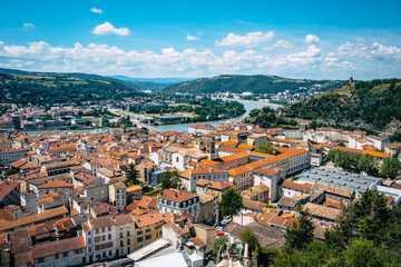 Fototapeta na wymiar Panorama of the city of Vienne and the Rhone Valley from the hill of Pipet, in the south of France (Isere)