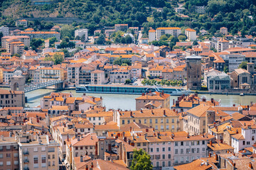 Panorama of the city of Vienne and the Rhone Valley from the hill of Pipet, in the south of France...