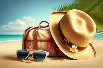 Straw hat, bag and sun glasses on a tropical beach. Generative Ai