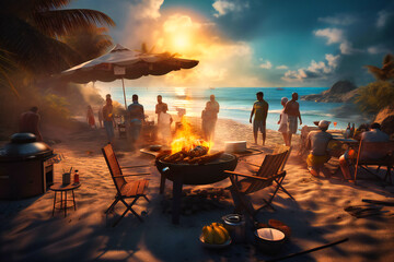 A tropical beach barbeque, with friends gathered around a smoky grill, sharing laughs and stories as the sun sets