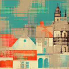 Abstract cityscape halftone dots background. Vector illustration