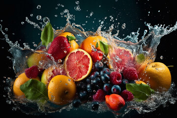 Fototapeta na wymiar Fresh fruits - oranges, kiwis, apples, and grapes - in a splash of water, creating a refreshing and vibrant image. Ai generated