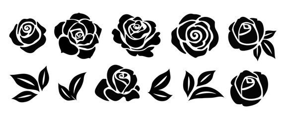 Set of decorative rose with leaves. Flower silhoutte. Vector illustration - obrazy, fototapety, plakaty