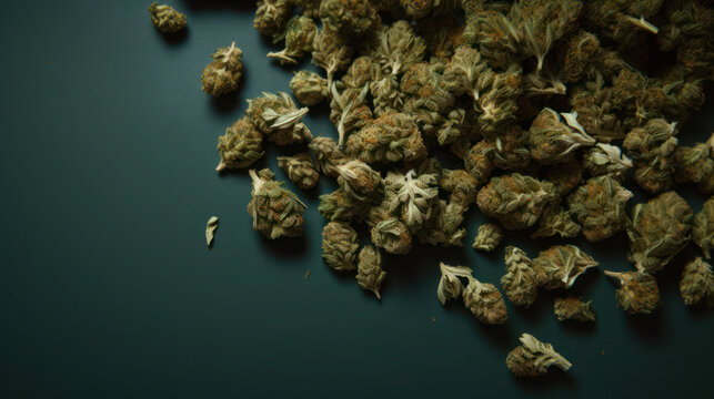 Canabis buds on wooden Desk