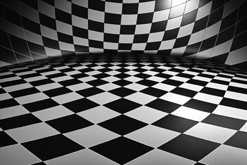Abstract black and white checkered background. Geometric pattern with visual distortion effect.  - obrazy, fototapety, plakaty