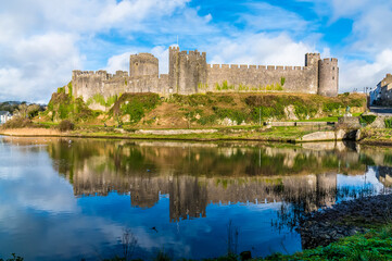 A view of reflections from the Norman castle at Pembroke, Wales on a bright day