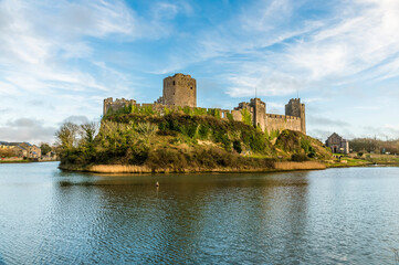 Fototapeta na wymiar A view from the northern side of the Norman castle at Pembroke, Wales on a bright day