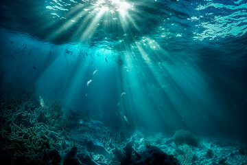 Obraz premium The underwater world in the ocean with fish corals and algae at the bottom of the sea in the sunlight underwater. Marine flora and fauna. Generative AI.