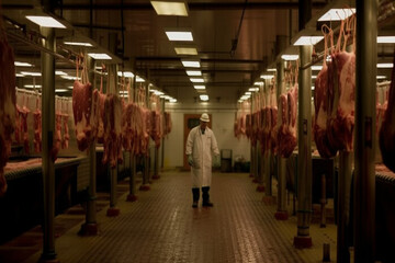 Inside the Meat Factory, Highlighting the processes involved in the production of meat products. ai generated