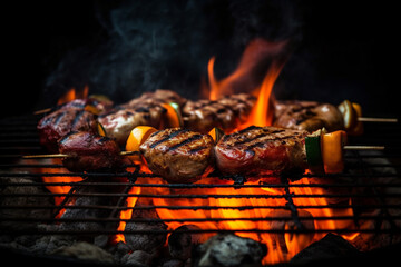 Sizzling Steak, a Mouth-Watering Charcoal Grill Experience. Mix Grill Scene. Ai generated