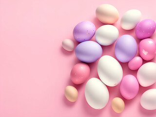 From above view of Easter eggs in pink colors on pink background. Space for text. Generative AI 