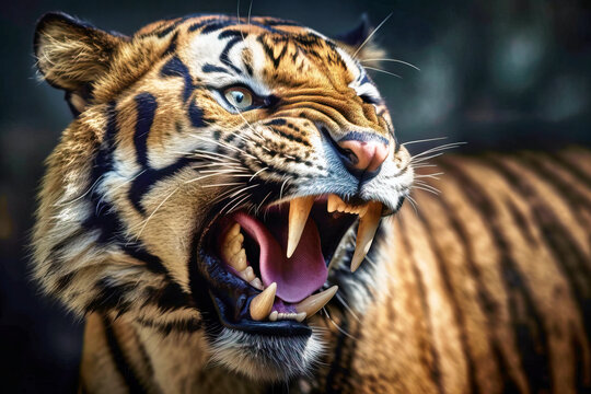 Portrait of a tiger with aberrantly large fangs almost like a saber-toothed tiger with an aggressive gaze and an open mouth, made with generative ai