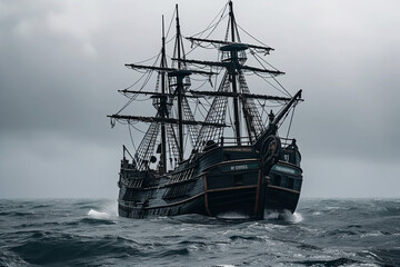 Fototapeta premium The Black Pirate Ship sailing on a stormy sea, representing adventure, danger and excitement on the high seas. Ai generated