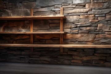 rustic wooden shelf mounted on a stone wall. Generative AI
