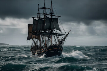 Fototapeta premium The Black Pirate Ship sailing on a stormy sea, representing adventure, danger and excitement on the high seas. Ai generated