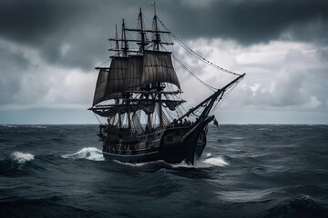 Fototapeta premium The Black Pirate Ship sailing on a stormy sea, representing adventure, danger and excitement on the high seas. Ai generated