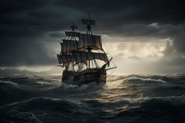 Obraz premium The Black Pirate Ship sailing on a stormy sea, representing adventure, danger and excitement on the high seas. Ai generated