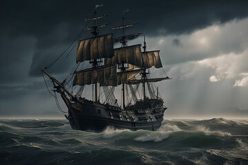 Fototapeta na wymiar The Black Pirate Ship sailing on a stormy sea, representing adventure, danger and excitement on the high seas. Ai generated