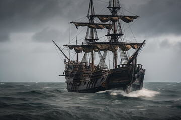 Fototapeta na wymiar The Black Pirate Ship sailing on a stormy sea, representing adventure, danger and excitement on the high seas. Ai generated