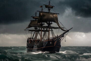 Obraz premium The Black Pirate Ship sailing on a stormy sea, representing adventure, danger and excitement on the high seas. Ai generated