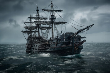 The Black Pirate Ship sailing on a stormy sea, representing adventure, danger and excitement on the high seas. Ai generated