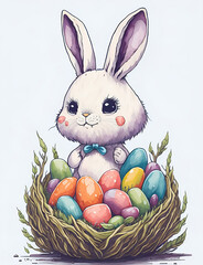 Watercolor spring illustrated postcard of cute bunny with easter eggs. Generative AI. Happy Easter