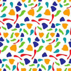 Abstract bright pattern with various elements in the form of colorful shapes. Chaotic vector texture with curved shapes. Printing on textiles and paper. Printing on gift packaging