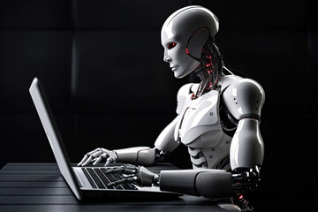 Futuristic humanoid robot, sitting in front of a laptop and texting, representing the concept of artificial intelligence and advanced technology.Ai generated