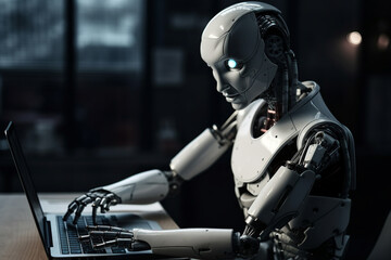Fototapeta na wymiar Futuristic humanoid robot, sitting in front of a laptop and texting, representing the concept of artificial intelligence and advanced technology.Ai generated