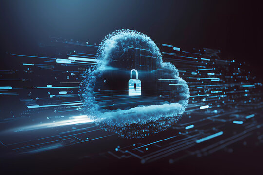 cloud computing security technology concept transfer database to cloud. There is a large cloud icon with a lock that stands out with a dark blue background. Generative AI