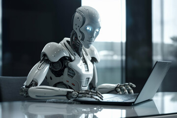 Futuristic humanoid robot, sitting in front of a laptop and texting, representing the concept of artificial intelligence and advanced technology.Ai generated